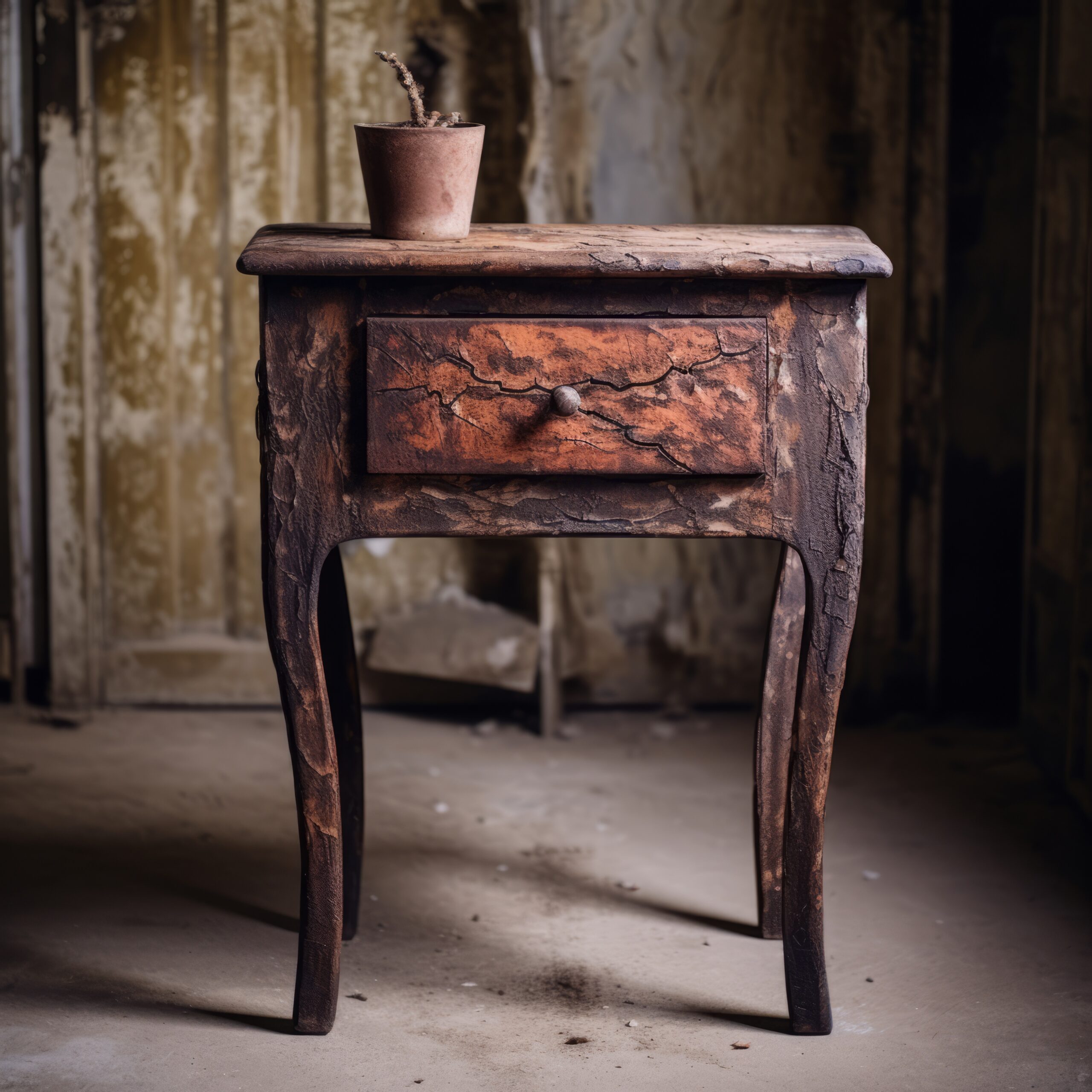 artfully rustic reclaimed timber nightstand, inspired by rococo still-lifes, captured in a captivating tabletop photograph by dusan djukaric. the burned and charred texture adds a unique touch, reminiscent of rosa bonheur's art. the atmospheric mood and talbot hughes' influence make this piece a stunning addition to any space. ai generated